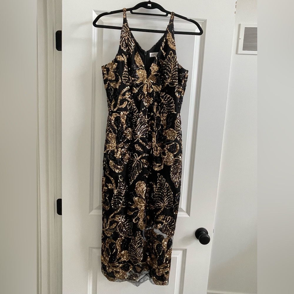 Dress the Population Black and Gold Halter Midi Sundress